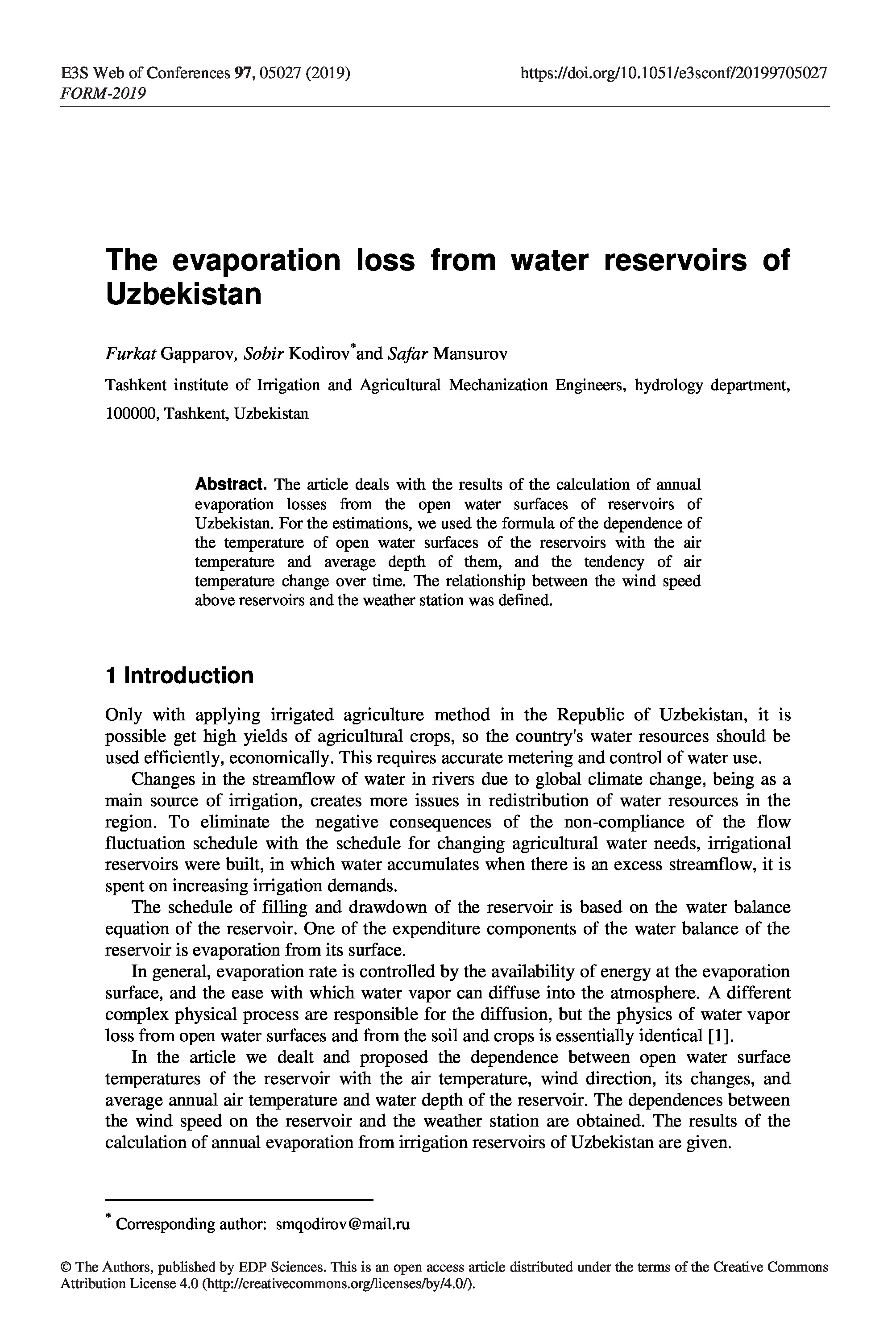 The evaporation loss from water reservoirs of Uzbekistan, 2019 | F.Gapparov, S.Kodirov, S.Mansurov