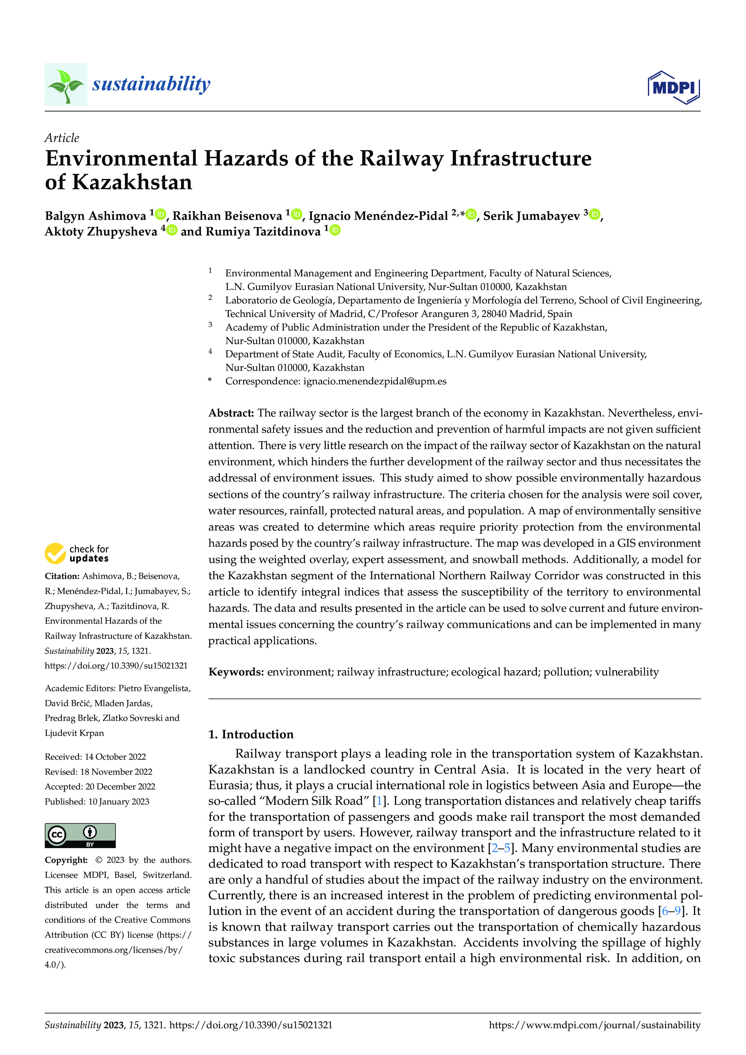 Environmental Hazards of the Railway Infrastructure of Kazakhstan, 2023 | B.Ashimova, R.Beisenova, I.Menéndez-Pidal, S.Jumabayev, A.Zhupysheva, R.Tazitdinova