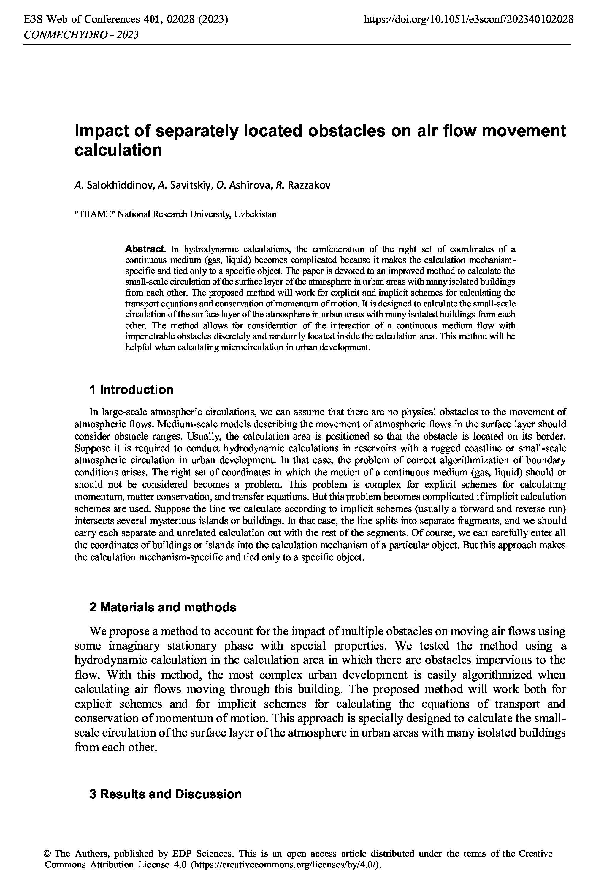 Impact of separately located obstacles on air flow movement calculation, 2023 | A.Salokhiddinov, A.Savitskiy, O.Ashirova, R.Razzakov