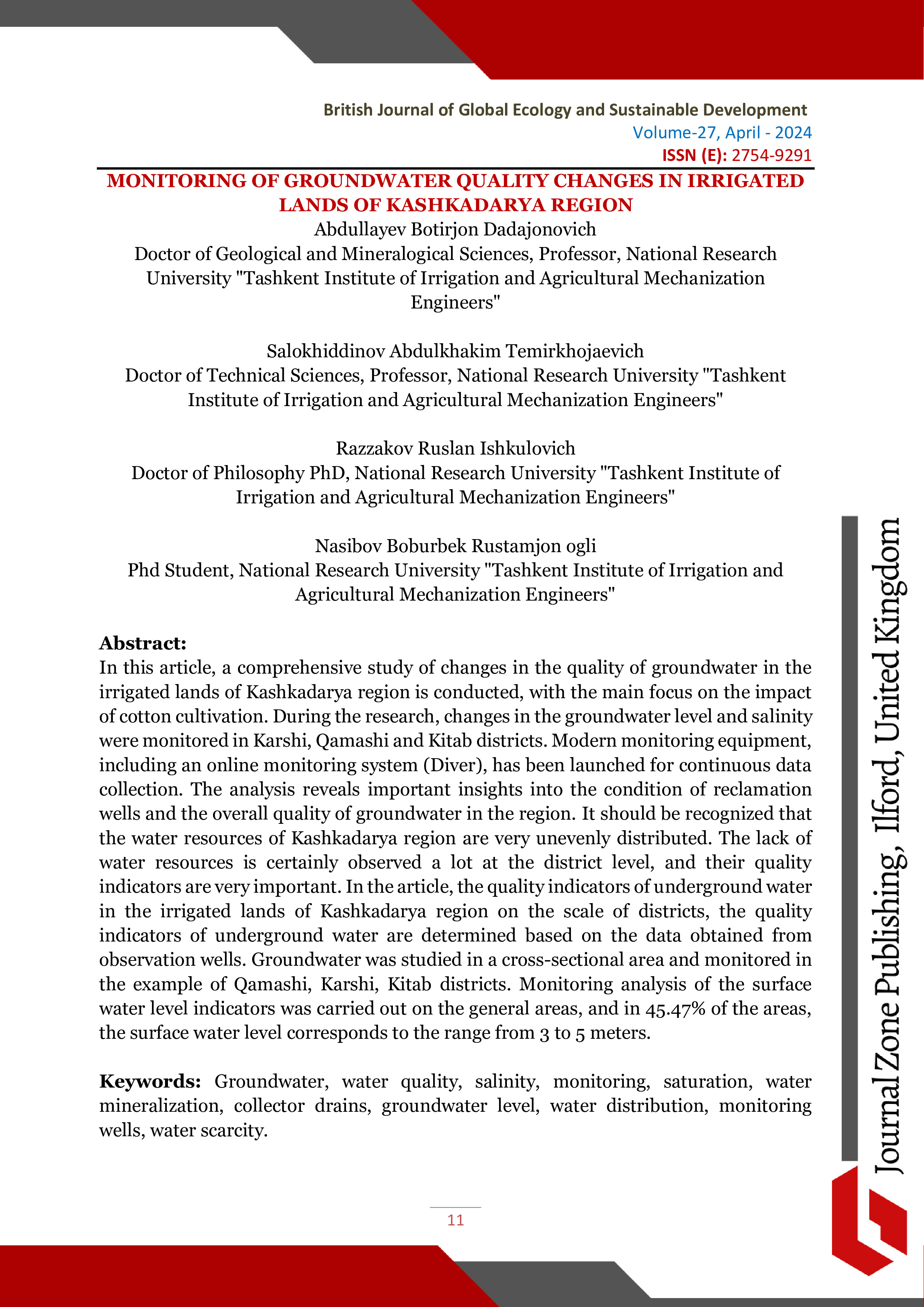 Monitoring of groundwater quality changes in irrigated lands of Kashkadaya region, 2024 | B.Abdullayev, A.Salokhiddinov, R.Razzakov, B.Nasibov