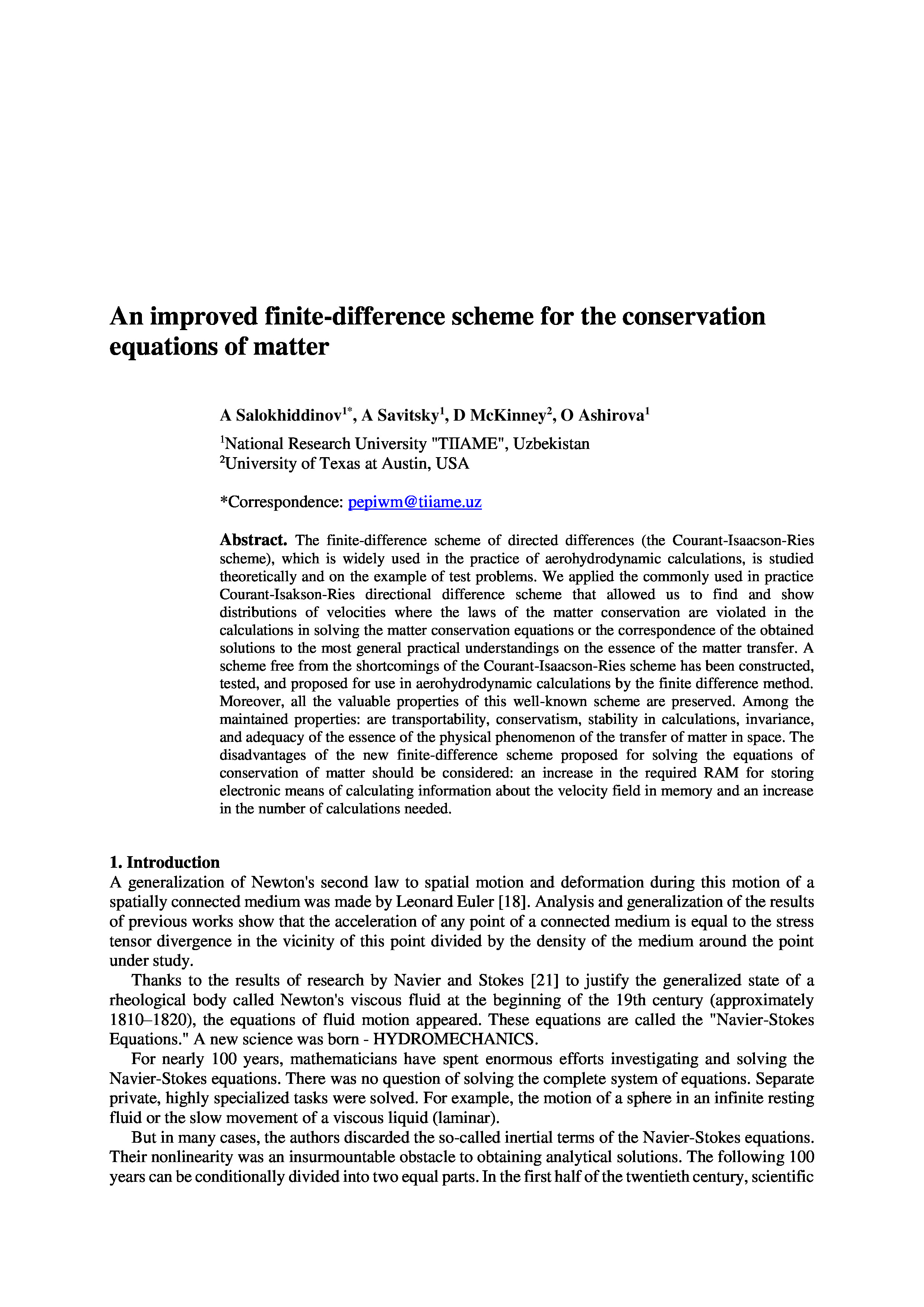 An improved finite-difference scheme for the conservation equations of matter | A.Salokhiddinov, A.Savitsky, D.McKinney, O.Ashirova