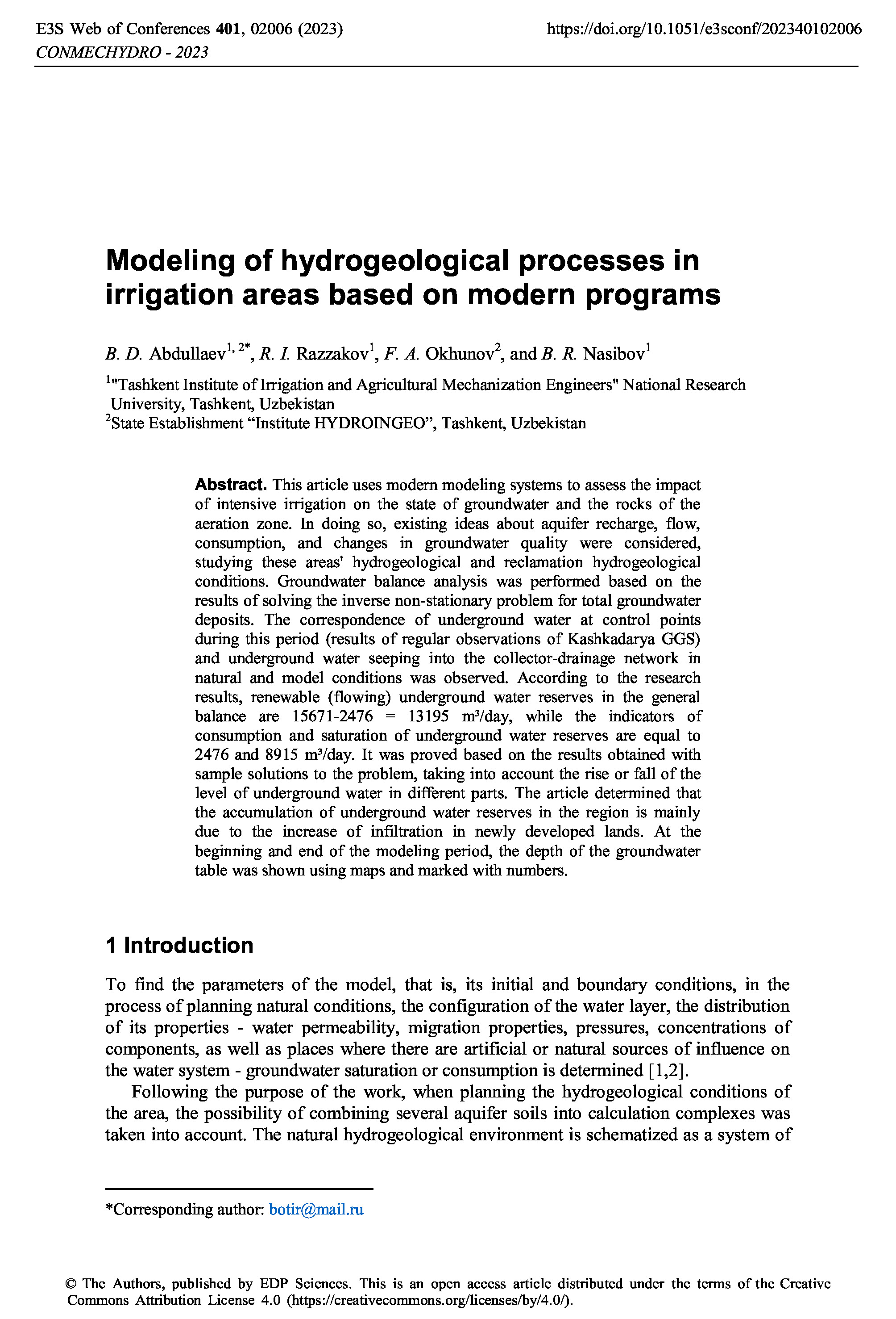 Modeling of hydrogeological processes in irrigation areas based on modern programs, 2023 | B.Abdullaev, R.Razzakov, F.Okhunov, and B.Nasibov