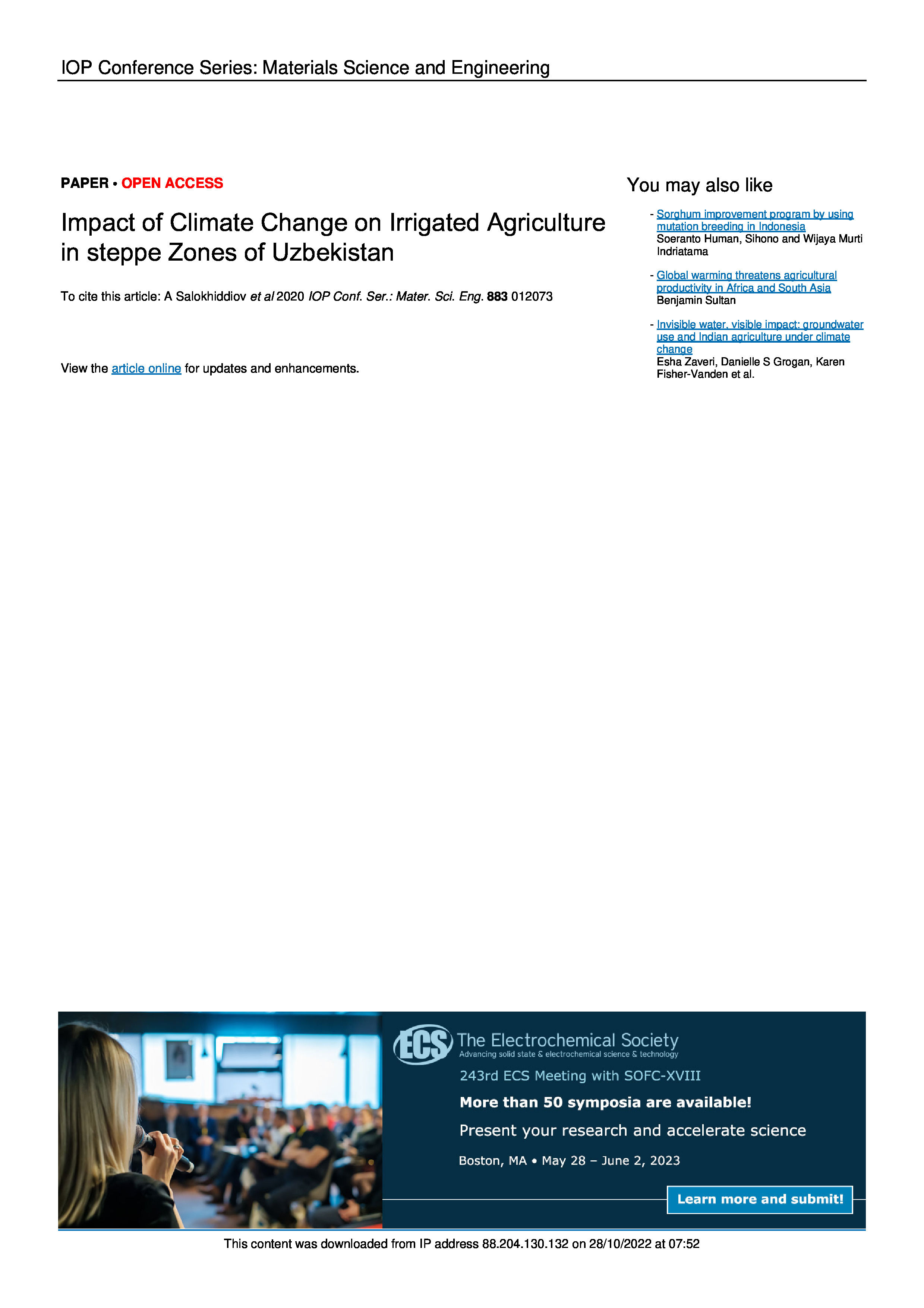 Impact of Climate Change on Irrigated Agriculture in steppe Zones of Uzbekistan | А.Salokhiddiov, P.Khakimova, M.Ismailov, R.Razzakov, J.Mirzaqobulov