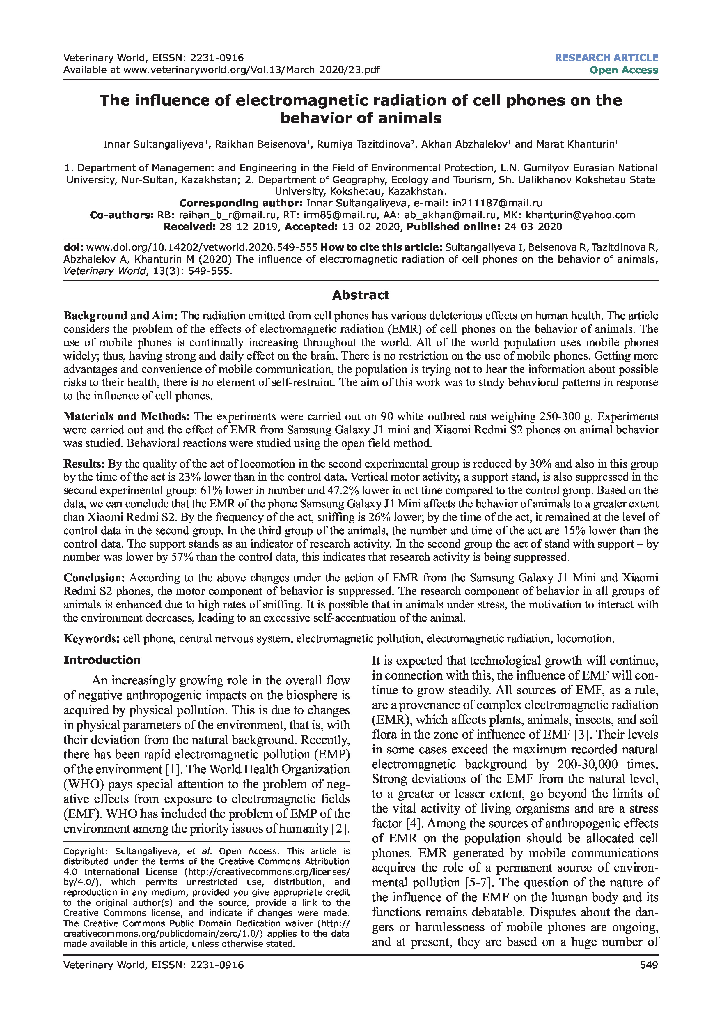 The influence of electromagnetic radiation of cell phones on the behavior of animals, 2020 | I.Sultangaliyeva, R.Beisenova, R.Tazitdinova, A.Abzhalelov, M.Khanturin