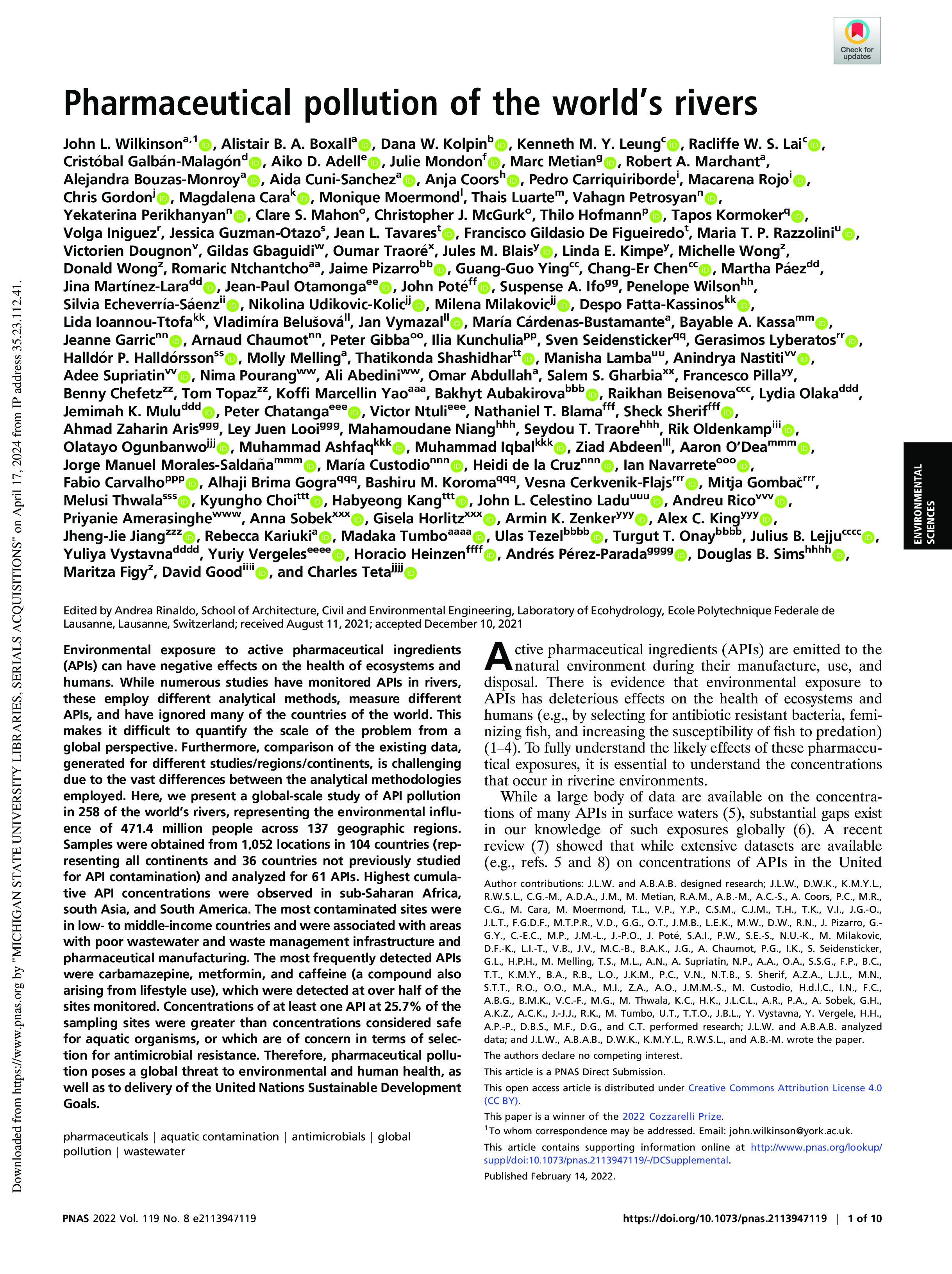 Pharmaceutical pollution of the world's rivers, 2022